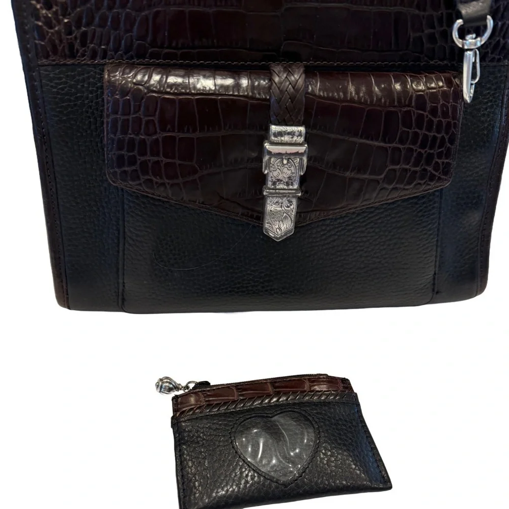 BRIGHTON Womens Black & Brown LEATHER SHOULDER BAG W/card Holder Croc Embossed